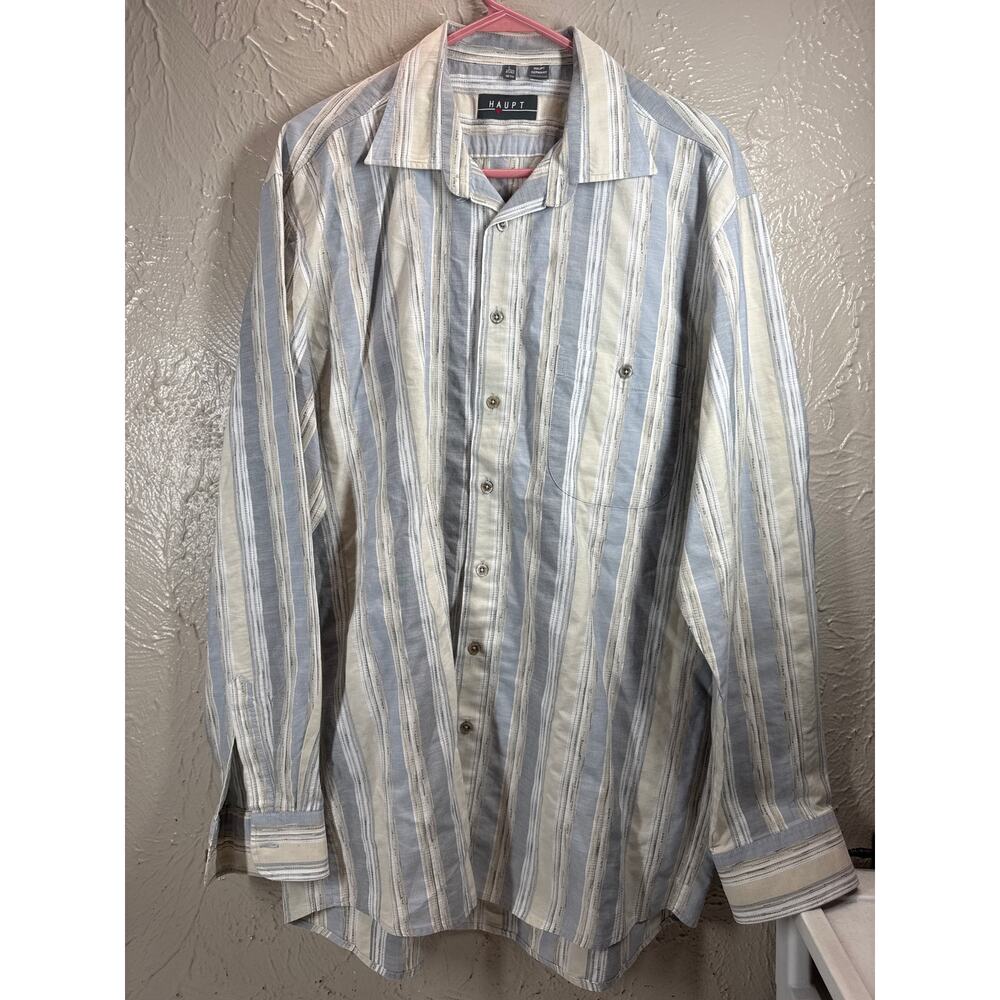 Haupt Shirt Mens Blue Beige Button Up Long Sleeve Lightweight Large 16.5 41/42‎